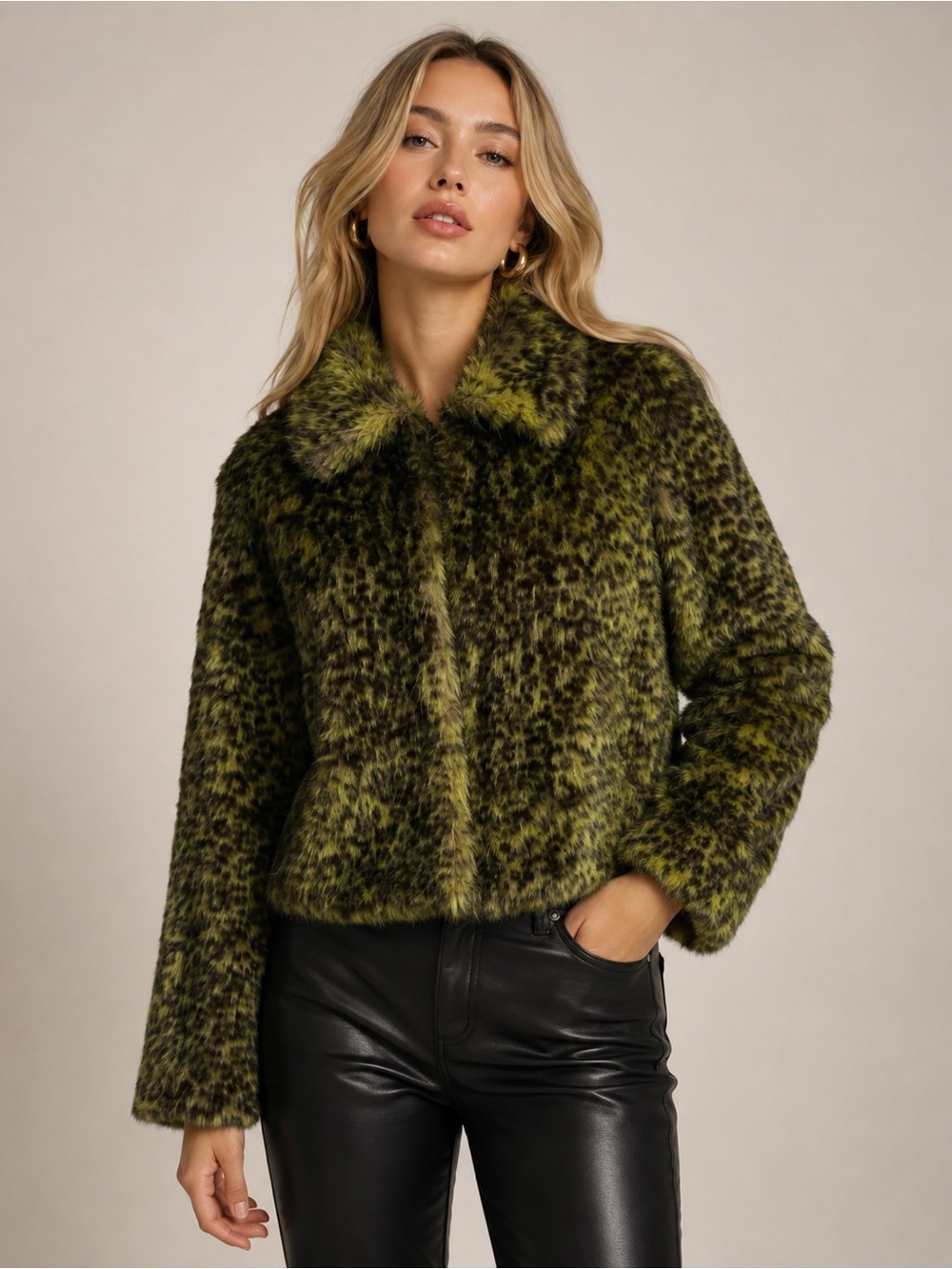 Blanc Noir Vintage Green Leopard Faux Fur Jacket | SMALL